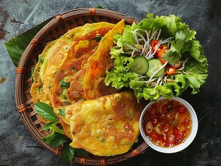 Banh Xeo. The most popular Vietnamese dishes. Crispy rice flour pancakes filled with shrimp, pork, bean sprouts, and herbs, typically wrapped in lettuce and dipped in fish sauce.