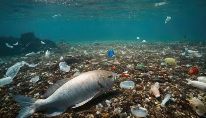 Fototapeta premium A snapshot of marine life, with a fish navigating through plastic litter and trash on the seabed, showcasing the urgent need for ocean conservation efforts