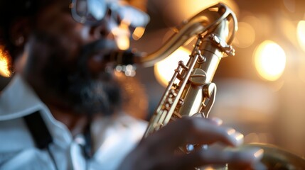 Obraz premium A saxophonist wearing a white shirt and black tie, playing a golden saxophone under stage lights, showcasing the elegance and intensity of musical performance in a live setting.