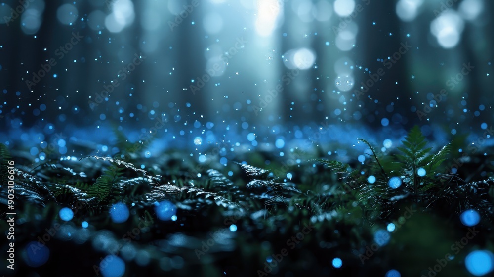 Poster a mystical forest scene featuring a vibrant floor covered with ferns and illuminated by captivating 