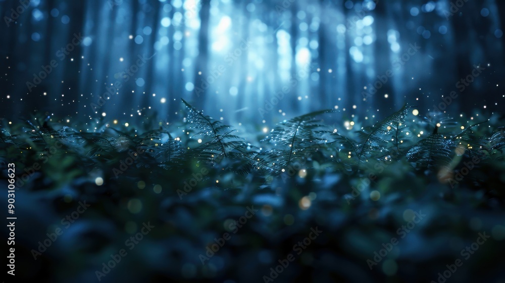 Poster an enchanted forest covered with ferns and bathed in fog, where floating light particles add a magic