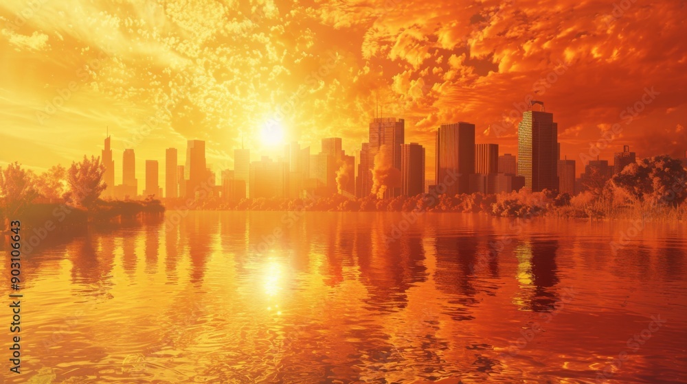 Poster a visual of an urban heat island effect with a city significantly warmer than surrounding rural area