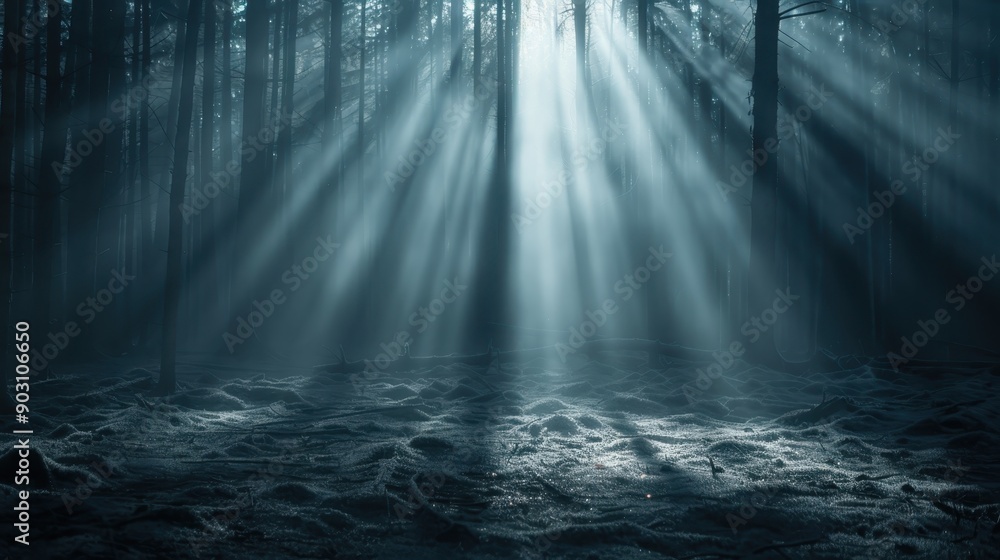 Poster sunbeams cascade through dense, misty forest trees, creating a mesmerizing interplay of light and sh