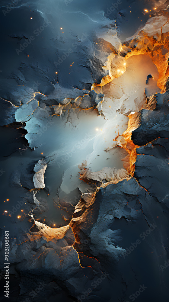 Poster abstract mountain range with glowing cracks, creating a unique and mesmerizing landscape.