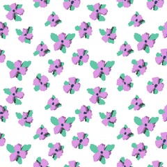 Seamless abstract botanical pattern. Simple background with violet, green, white texture. Digital brush strokes. Flowers. Design for textile fabrics, wrapping paper, background, wallpaper, cover.