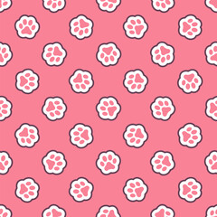 Pink and white cat's paws prints on red background. Vector seamless pattern.