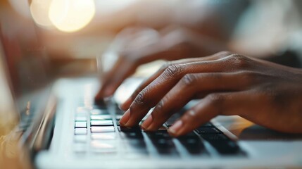Obraz premium A close-up shot of hands typing on a laptop keyboard, representing work, productivity, and technology in a modern, fast-paced digital age environment.