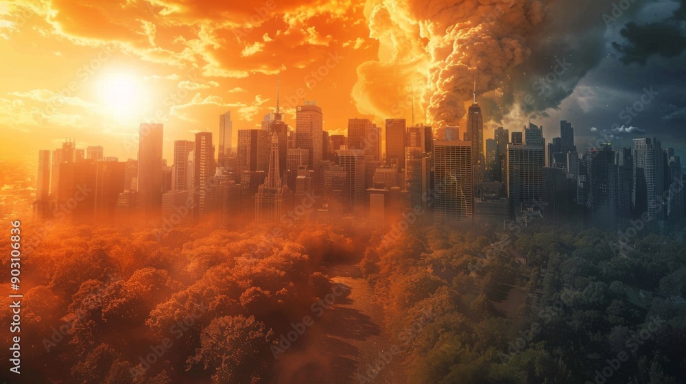 Poster a visual of an urban heat island effect with a city significantly warmer than surrounding rural area