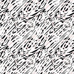 Seamless abstract textured pattern. Texture in black, pink, white. Digital brush strokes. Lines, circles. Illustration. Design for textile fabrics, wrapping paper, background, wallpaper, cover.