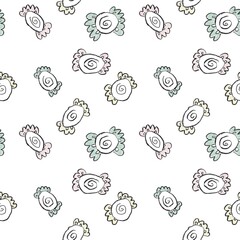 Seamless abstract floral pattern. Black, pink, green, white. Illustration. Ethnic texture. Candies, meanders. Design for textile fabrics, wrapping paper, background, wallpaper, cover.