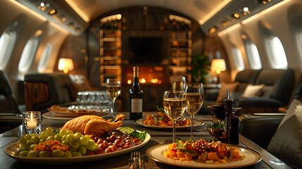 Obraz premium A serene scene inside a first-class airline suite, showcasing the comfort of a fully flatbed seat, personal entertainment options, and a fine dining setup with gourmet dishes and wine, all illuminated