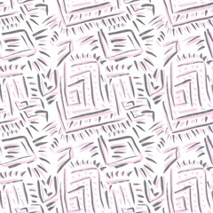 Seamless abstract geometric pattern. Background on grey, pink, white. Illustration. Polygons, lines, triangles, meanders. Designed for textile fabrics, wrapping paper, background, wallpaper, cover.