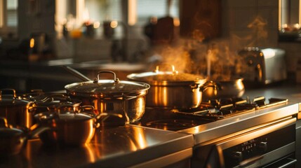 Naklejka premium A well-lit kitchen with a selection of modern pots and pans, including a Dutch oven pan, and saucepans.