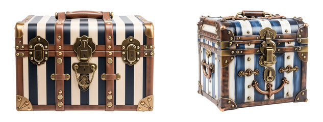 Set of vintage nautical trunk. Coastal storage luggage decor.