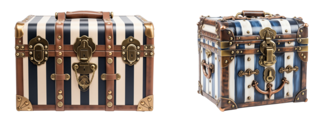 Set of vintage nautical trunk. Coastal storage luggage decor.