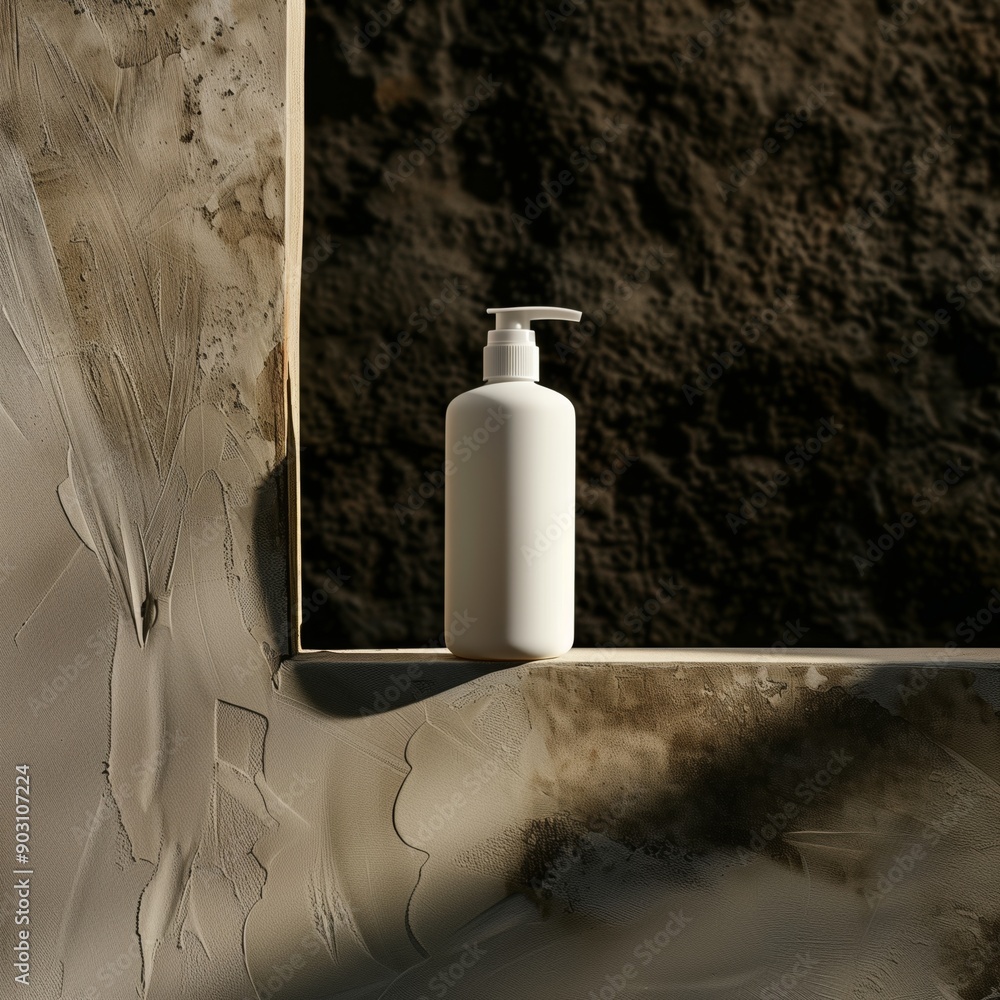 Aufkleber minimalist white bottle with a pump in a rustic setting casting shadows.