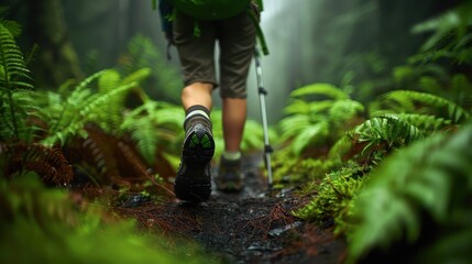 A close-up of a hiker's legs navigating a verdant forest trail with the aid of a trekking pole, highlighting the dynamic relationship between humans and nature in an adventurous setting.