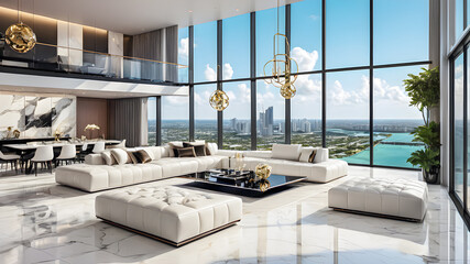 Modern loft living room area wide views of bay city. Beautiful minimalist white interior, luxury furniture, big windows, elegant decorations penthouse modern new home. Sunny sea view. AI generated