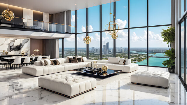 Modern loft living room area wide views of bay city. Beautiful minimalist white interior, luxury furniture, big windows, elegant decorations penthouse modern new home. Sunny sea view. AI generated