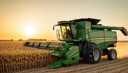 Obraz premium A sunset-lit scene of a green combine harvesting corn in an expansive field, representing the culmination of the growing season with advanced farming equipment