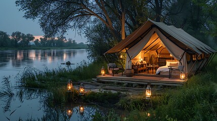 A serene view of a luxury safari camp, highlighting opulent tents with stylish interiors, a fine dining setup with lanterns under the stars, and a close-up encounter with a pride of lions in the dista