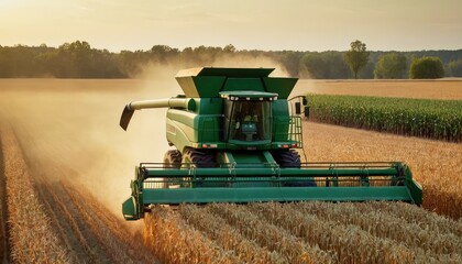Fototapeta premium A sunset-lit scene of a green combine harvesting corn in an expansive field, representing the culmination of the growing season with advanced farming equipment