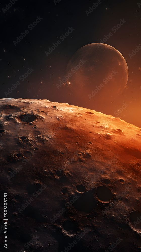Poster a close-up view of a cratered, red-toned planet with a large moon in the background. the image is fi