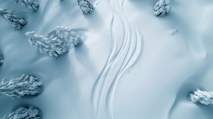 Naklejka premium An aerial view of a pristine snow-covered landscape featuring winding ski tracks and snow-covered trees. The untouched snow and clear tracks highlight the beauty of winter.