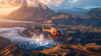 A stunning photograph of a private helicopter tour over the rugged landscapes of Iceland, featuring a sleek helicopter with wide windows, volcanic craters, glaciers, and waterfalls below, creating a t