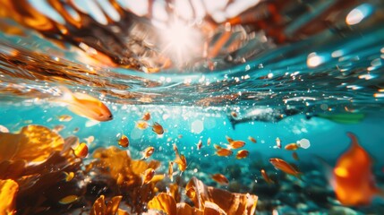 An underwater photograph captures vibrant coral reef teeming with colorful fish, showcasing the stunning biodiversity and beauty of marine ecosystems in tropical waters.