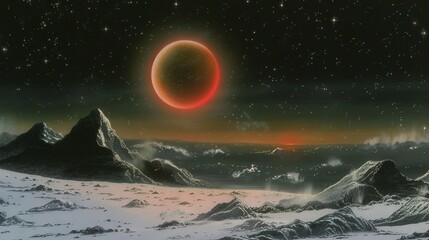   An artist's depiction of a vibrant red ring in the sky above a snow-covered mountain range