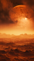 A fiery orange planet dominates the sky, casting a warm glow on a distant, rugged landscape.