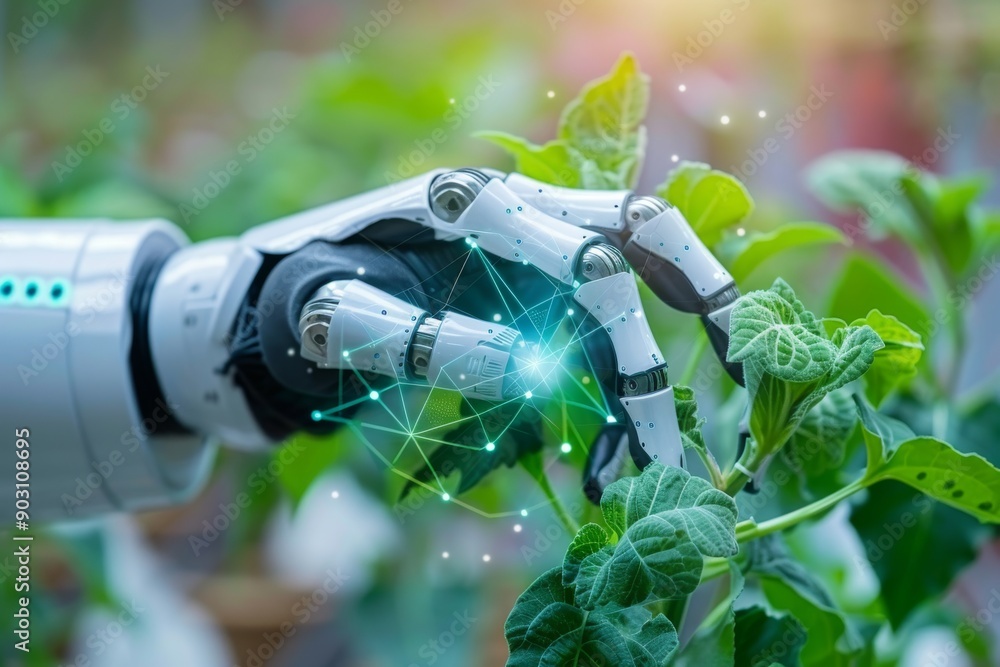 Poster robotic arm delicately tending to a green plant in a futuristic farming setup symbolizing the inters