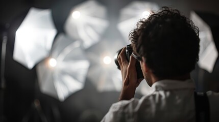 A photographer is seen taking pictures in a professional studio setup with multiple bright lights and reflective white umbrellas in the background, capturing the perfect shot.