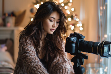 A blogger setting up their camera for a makeup tutorial.A woman with long hair is using a camera to take a photo of a Christmas tree