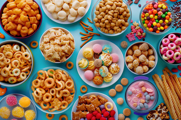 TikTokers filming a challenge where they try unusual snacks.The table is filled with different snacks for everyone to enjoy