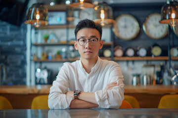 Fototapeta premium A young entrepreneur sharing tips on time management in a video.A man with glasses is sitting at a table with arms crossed
