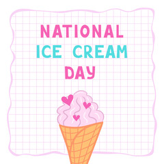 National Ice Cream Day. A waffle cone with ice cream. Vector Illustration for backgrounds, covers and packaging. Image can be used for greeting card, poster and sticker. Isolated on white background.