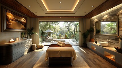 Fototapeta premium An elegant high-end resort spa room, featuring a massage table with plush linens, calming ambient lighting, and luxurious spa products, all set in a tranquil space with natural elements and a peaceful