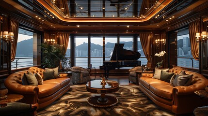 Fototapeta premium An elegant lounge area on a luxury cruise ship, featuring plush seating, a grand piano, and large windows with stunning views of the ocean, creating a sophisticated and relaxing atmosphere --ar 16:9 -