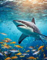 Naklejka premium Shark and small fishes in ocean - nature background
