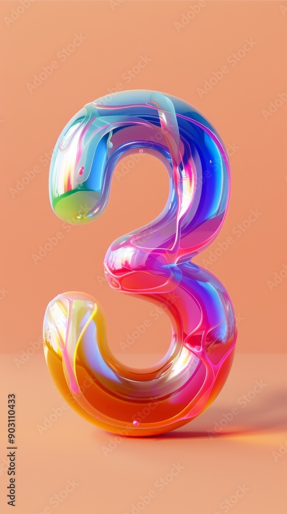 Poster colorful glossy number 3 three on peach background, abstract 3d rendering