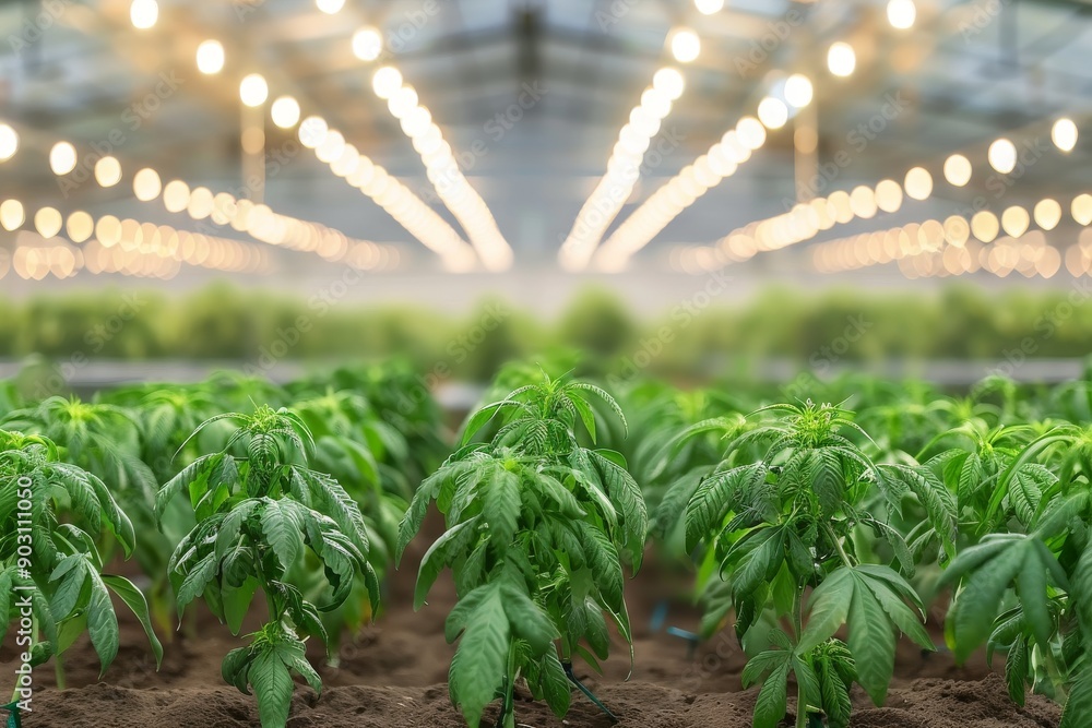Aufkleber modern greenhouse with rows of healthy plants under bright led lights highlighting advanced farming 
