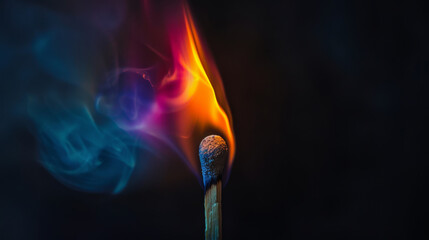 Lit matchstick with colorful flame and smoke on dark background, abstract art. Energy and elemental concept