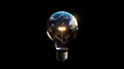 Light bulb with earth inside on black background, eco-friendly energy concept