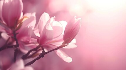 Obraz premium A close-up of a pink flower on a twig with a pink background of flowers on twigs