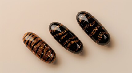 Three black and orange patterned pills on a beige background, close-up. Medical and design concept