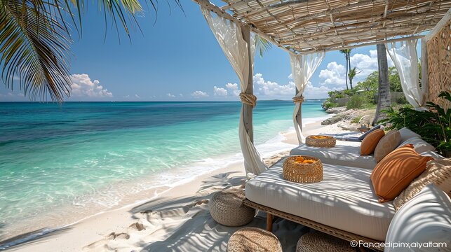 An exquisite beach cabana with luxurious decor, showcasing a plush daybed, elegant lounge furniture, and a butler serving gourmet appetizers, all set against the stunning backdrop of a turquoise ocean