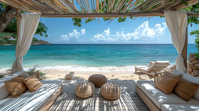 An exquisite beach cabana with luxurious decor, showcasing a plush daybed, elegant lounge furniture, and a butler serving gourmet appetizers, all set against the stunning backdrop of a turquoise ocean