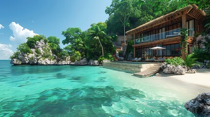 Obraz premium An idyllic scene of a private island retreat, featuring a secluded beach with clear blue water, lush tropical foliage, and elegant villas with personal butler service, capturing the tranquility and ex
